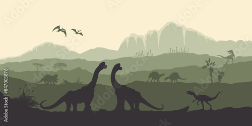 Jurassic landscape with dinosaur silhouettes. Prehistoric panoramic scene. Tyrannosaurus and triceratops on mountain background. Ancient period card with with giant reptiles