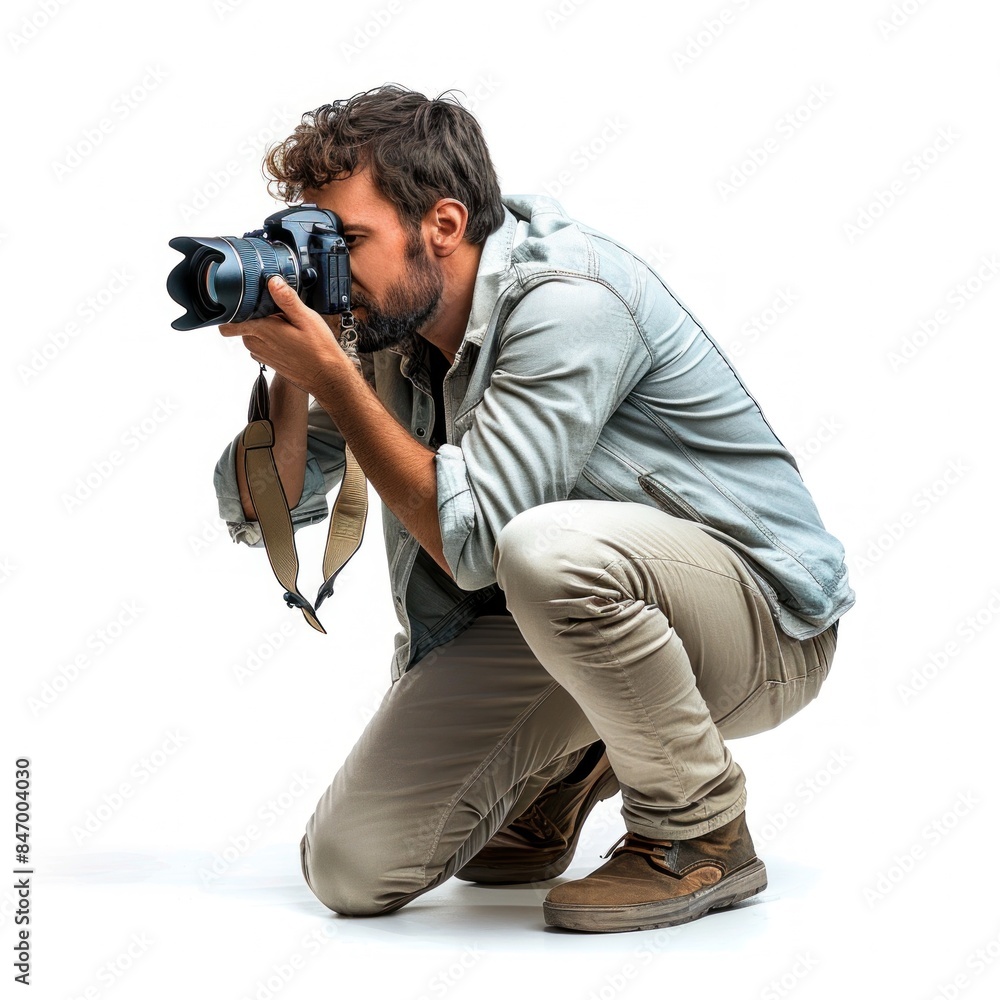A man taking photos with a camera, photographer in action, lifelike depiction, isolated on a white background A man taking photos with a camera, photographer in action, lifelike depiction, isolated on a white background