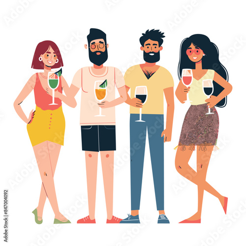 Four friends enjoying party, holding wine glasses, cheerful vibe. Group young adults, casual summer clothes, social gathering. Multicultural people toast, diverse men women, fun leisure time
