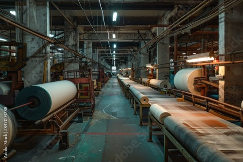 Spinning reels of paper in a busy industrial printing factory with vibrant lighting