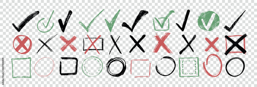 Doodle hand drawn chalk check mark set. Charcoal pencil checklist icons, sketch checkboxes, tick and cross symbols. Crayon checkmark element. Color correct or incorrect marks on transparent background Doodle hand drawn chalk check mark set. Charcoal pencil checklist icons, sketch checkboxes, tick and cross symbols. Crayon checkmark element. Color correct or incorrect marks on transparent background