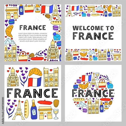 Set of posters with lettering and doodle colored France landmarks and attractions isolated on white backgrounds. Travel concept backgrounds.