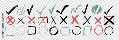 Doodle hand drawn chalk check mark set. Charcoal pencil checklist icons, sketch checkboxes, tick and cross symbols. Crayon checkmark element. Color correct or incorrect marks on transparent background