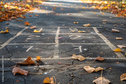 Autumn hopscotch on a pathway, surrounded by fallen leaves. Nostalgic playground game setup. Capturing childhood memories in a natural setting. Perfect for seasonal or nostalgic imagery. Generative AI photo
