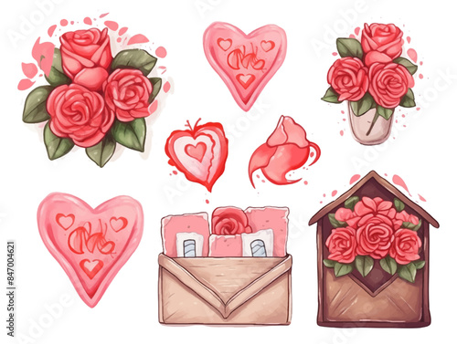 Big watercolor set for Valentines day cards design. Hand painted illustration. Pink hearts, gift box, red rose, love mail envelope, lips, isolated