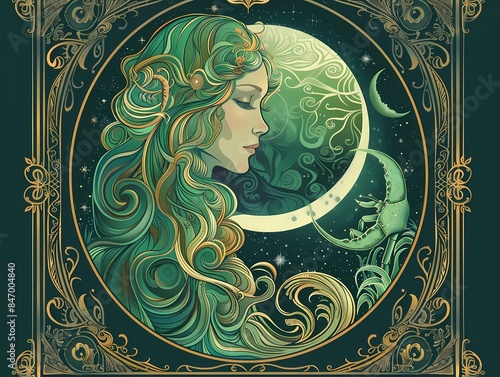 Cancer zodiac sign in the form of a beautiful woman in art nouveau style