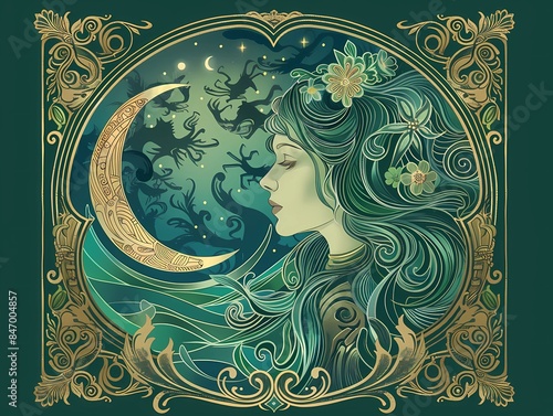 Cancer zodiac sign in the form of a beautiful woman in art nouveau style. Yellow and green background, crescent moon, flowers and waves. photo