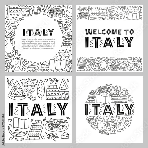 Set of posters with lettering and doodle outline Italia landmarks and attractions isolated on white backgrounds. Travel concept backgrounds.