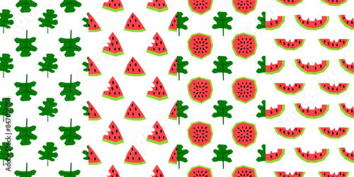 Set of seamless patterns with papercraft watermelon slices and leaves.