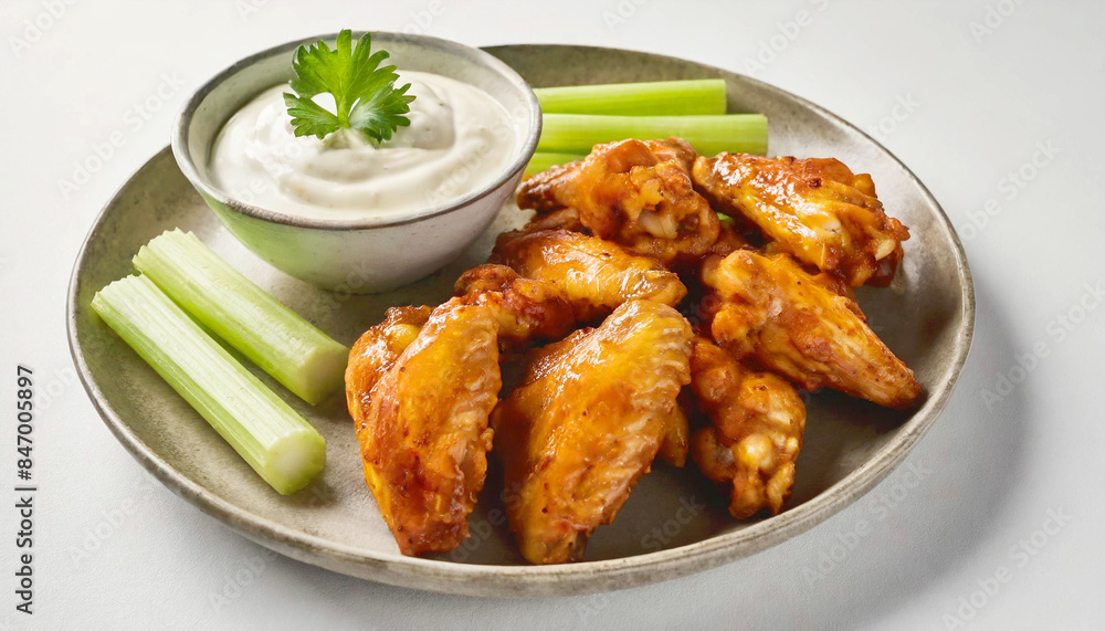 Spicy buffalo chicken wings on plate with celery and ranch dipping sauce. Spicy buffalo chicken wings on plate with celery and ranch dipping sauce.