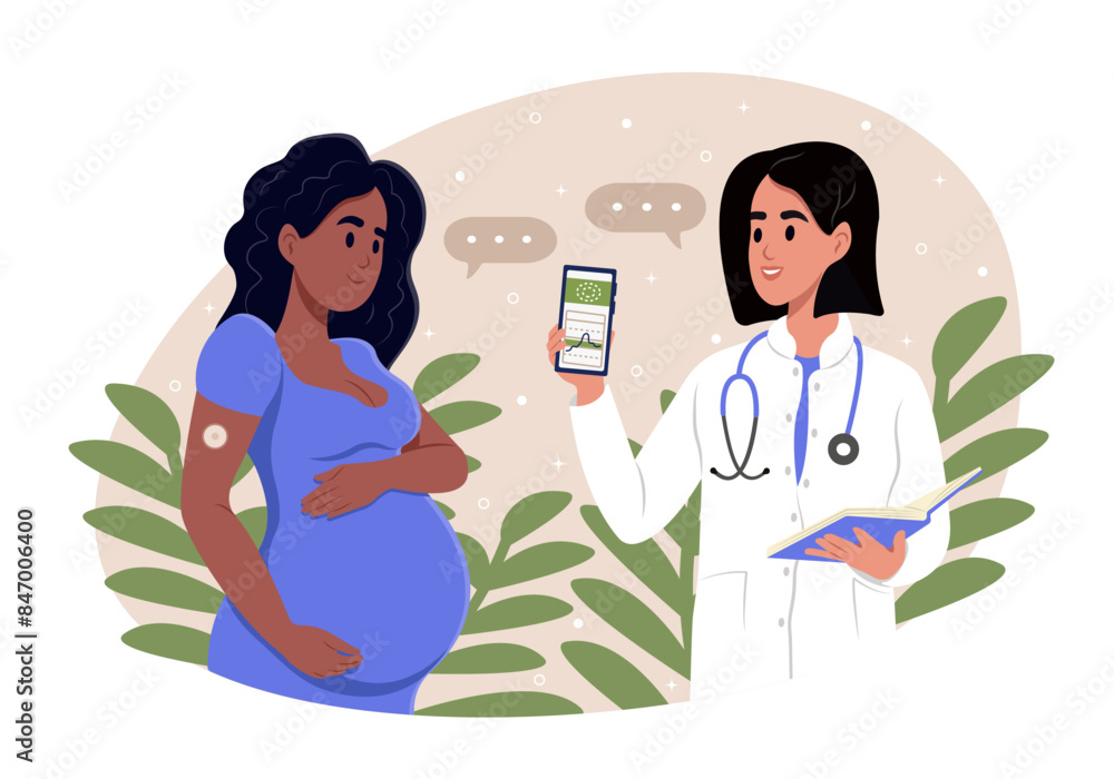 A doctor uses a continuous glucose sensor on the arm of a pregnant patient to improve diabetes control. A doctor shows a phone that displays a blood sugar test on a smartphone app.