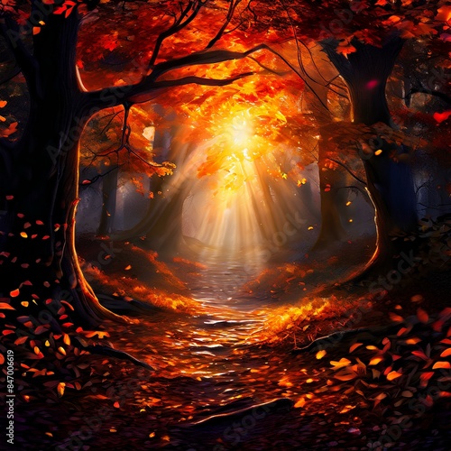 Un sentiero nel bosco in autunno, con foglie colorate di rosso, arancione e giallo che cadono dagli alberi e un raggio di sole che filtra tra i rami, creando un'atmosfera incantata. photo