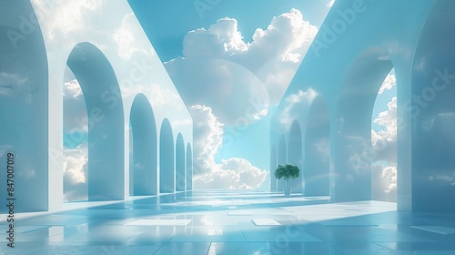 Abstract background, architectural design with white arched rows among white clouds and a lone potted plant