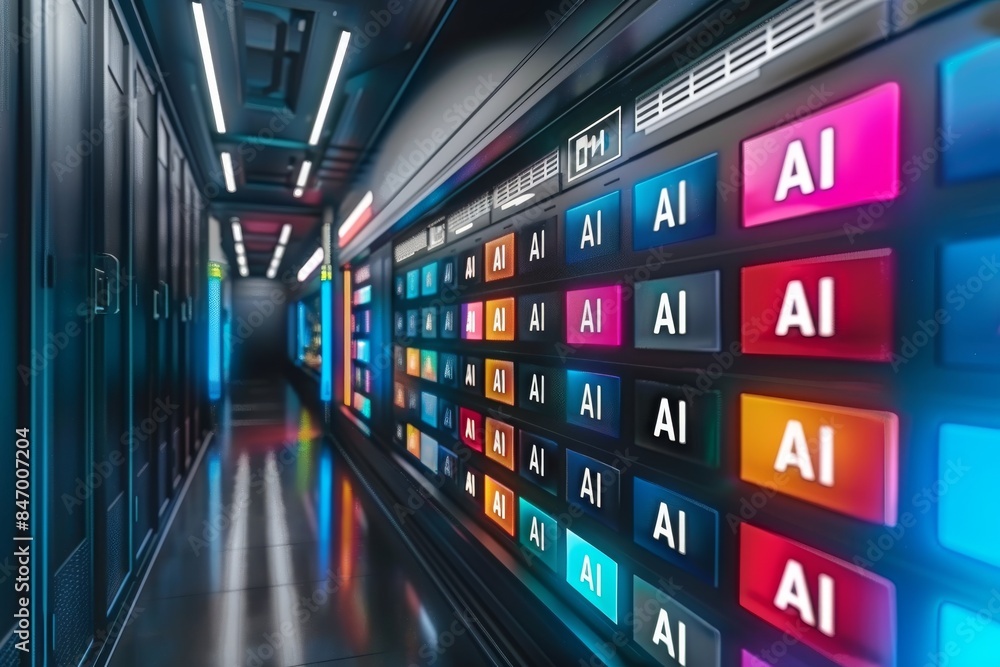 Fototapeta premium High tech data center with AI integration and digital displays representing advanced technology and innovation in a modern facility photography high detail blue tones cyber theme futuristic
