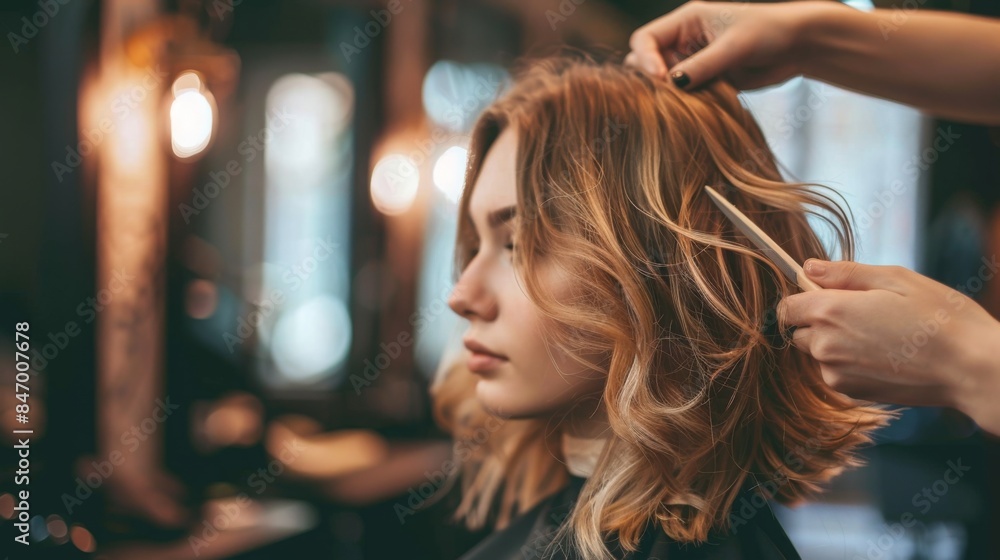 A woman with long blonde hair sits in a salon chair as a stylist combs her hair. The salon is dimly lit with warm lighting. A woman with long blonde hair sits in a salon chair as a stylist combs her hair. The salon is dimly lit with warm lighting.