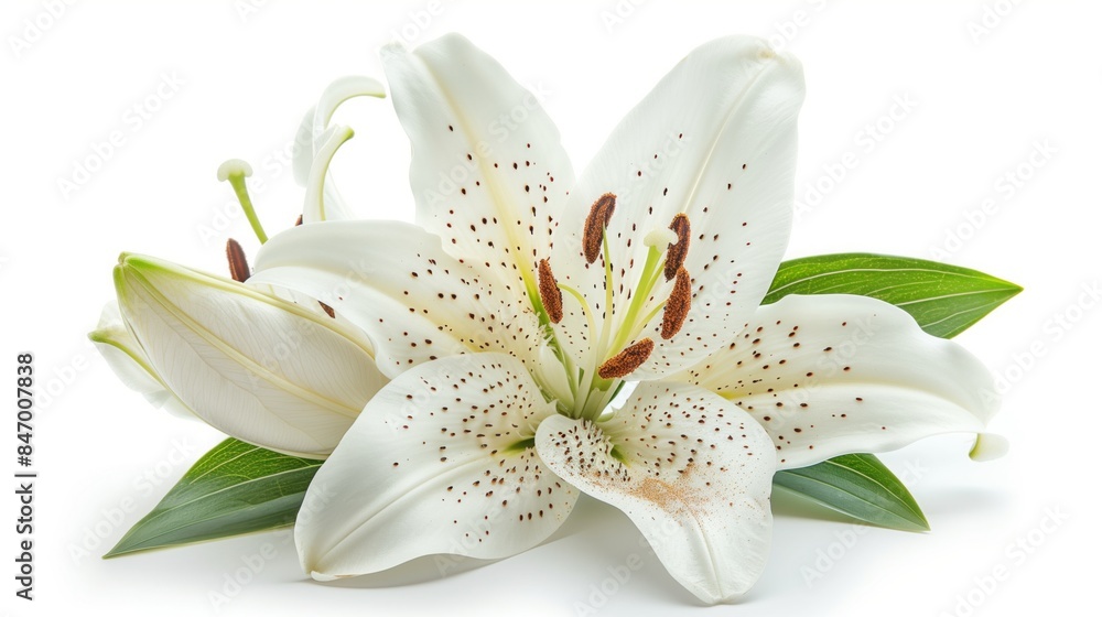 Obraz premium A single white lily flower with green leaves isolated on a white background