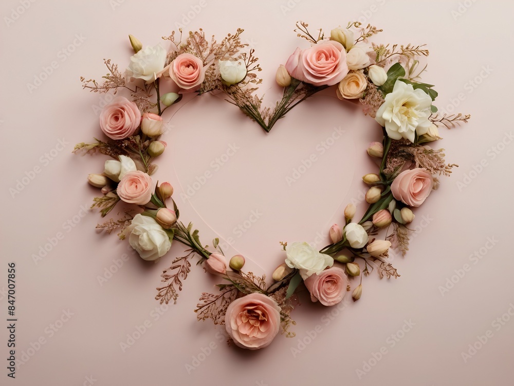 heart-shaped rose wreath on a pink background heart-shaped rose wreath on a pink background