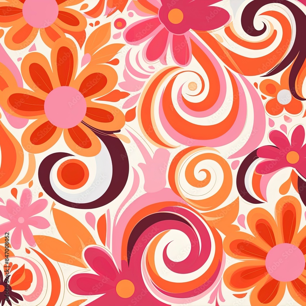 Fototapeta premium 60s/70s pink orange hippy pattern with flowers