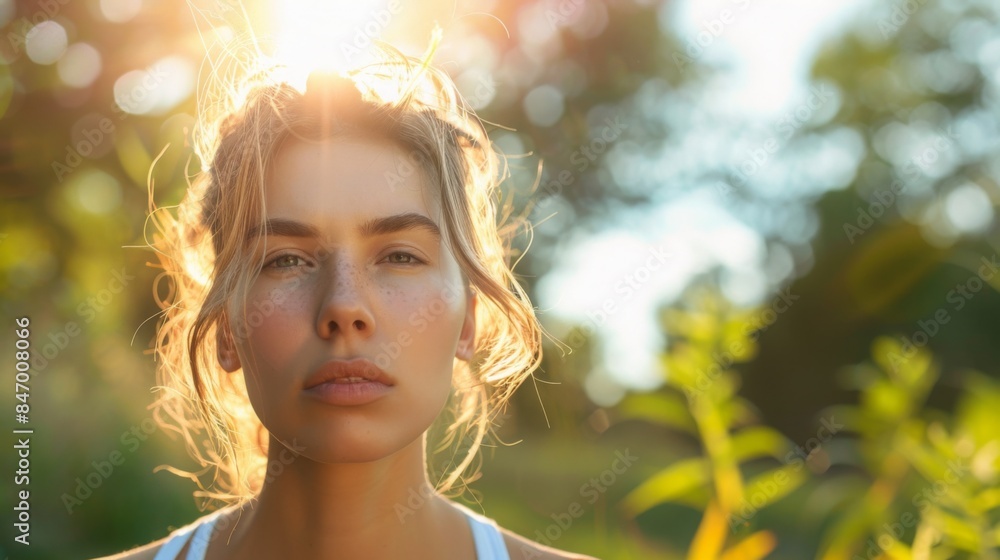 Fototapeta premium A woman with blonde hair stands in a forest with sunlight shining down on her. The sun is bright, creating a lens flare and bokeh effect.