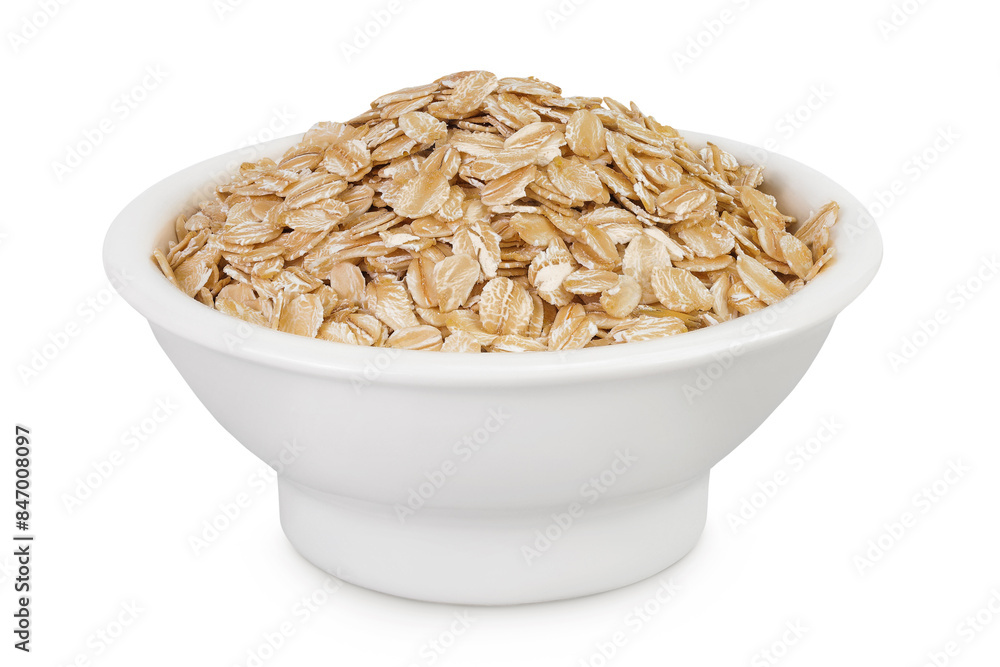 Oat flakes in ceramic bowl isolated on white background with full depth of field Oat flakes in ceramic bowl isolated on white background with full depth of field