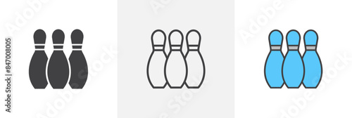 Bowling pins icon set. Bowling ball and skittles vector symbol. Bowling game icon.