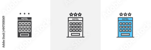 Hotel icon set. Hotel building with three-star rating vector symbol for travel and hospitality.