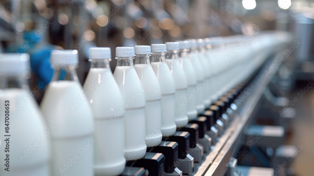 Bottles of milk on conveyor belt Bottles of milk on conveyor belt