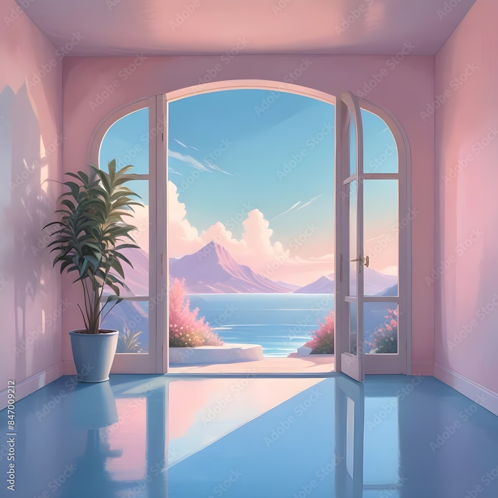 Fototapeta premium A pastel-colored room with an open doorway revealing a serene ocean view with a distant mountain range . The room has arched windows and a potted plant , creating a calming and dreamlike atmosphere. 