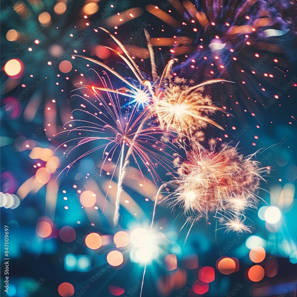 Obraz premium Explosive Red and Blue Fireworks Display Night Sky