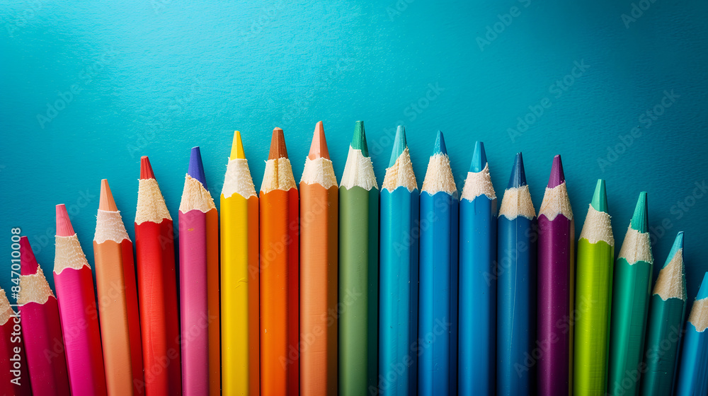 Colorful pencils in various hues against a blue background Colorful pencils in various hues against a blue background