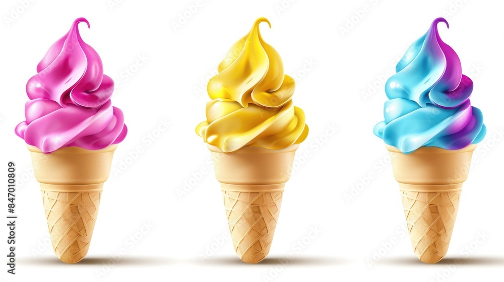 Three colorful ice cream cones with various toppings Three colorful ice cream cones with various toppings