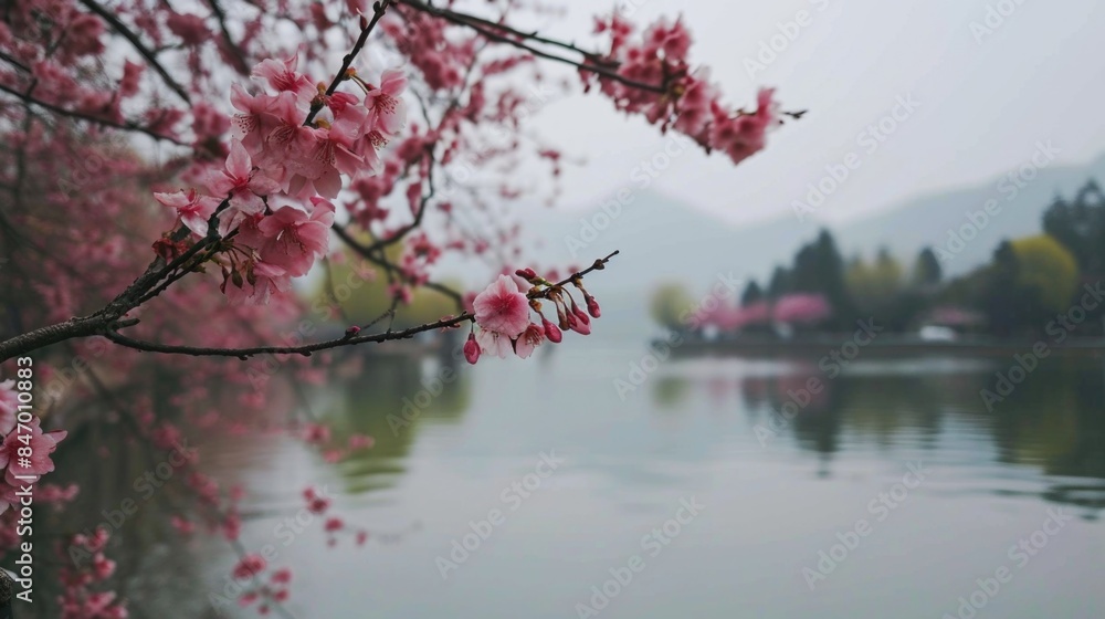 Naklejka premium A tree branch with pink flowers growing near the edge of a body of water