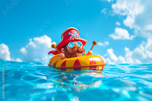 Cheerful Pirate relaxing on an Inflatable Raft in the Blue Ocean under Sunny Skies © Ilia