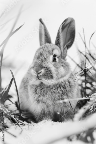 A rabbit standing in the snow, its fur fluffed up for warmth photo