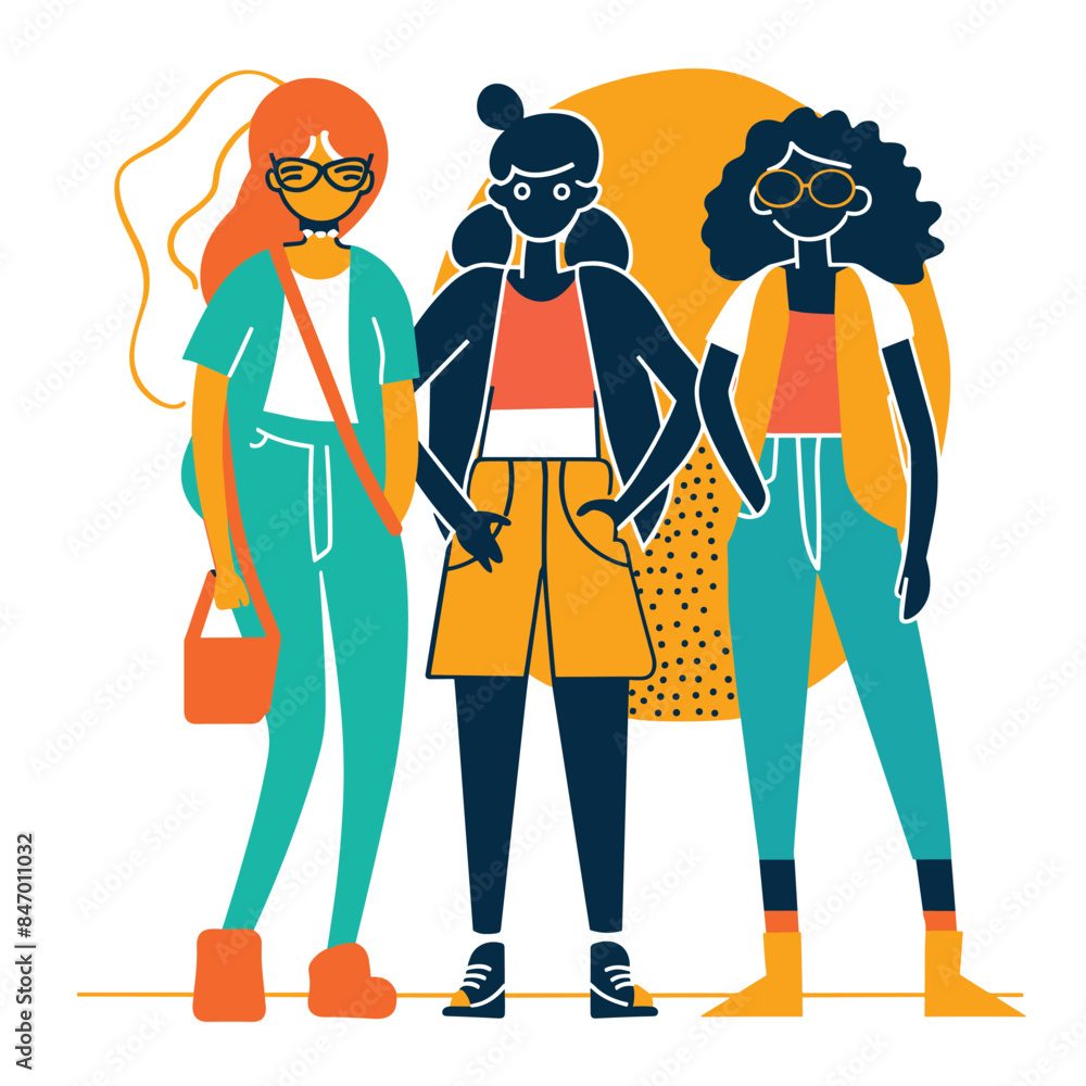 Three trendy women stand together, fashionable urban style, female friends meet up. Young adults women wear colorful casual outfits, fashion diversity, stylish streetwear, cool pose. Trendsetting Three trendy women stand together, fashionable urban style, female friends meet up. Young adults women wear colorful casual outfits, fashion diversity, stylish streetwear, cool pose. Trendsetting