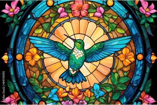 Portrait of a hummingbird animal with a colorful stained glass and flowers decoration.
