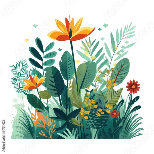Colorful Jungle Greenery Vector Fun on White Canvas
