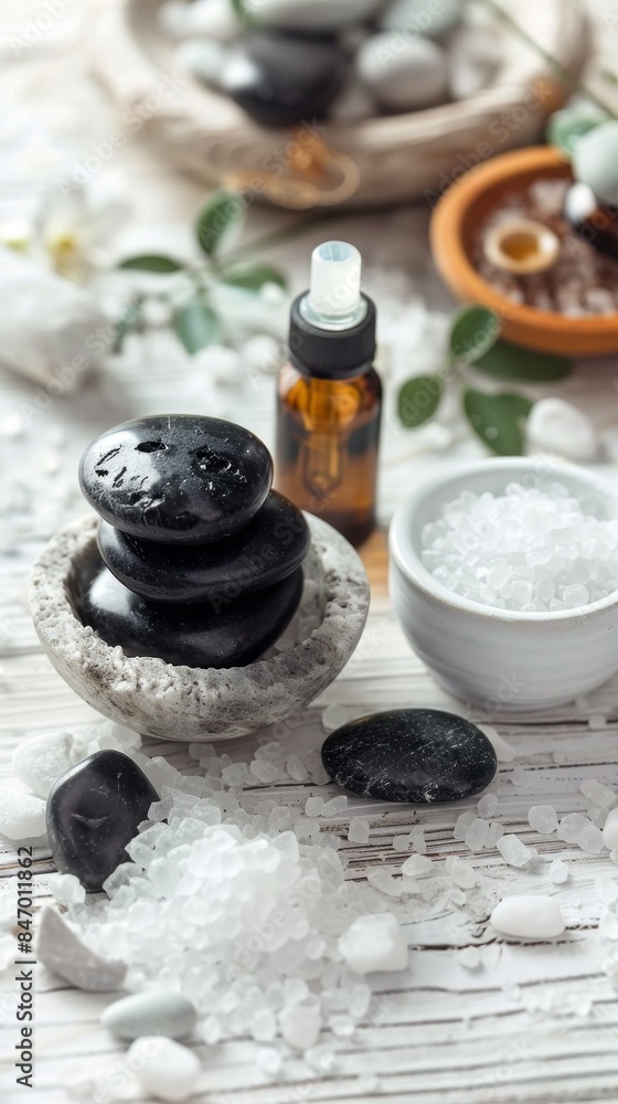 A white bowl with black stones and a bottle of oil on a table A white bowl with black stones and a bottle of oil on a table