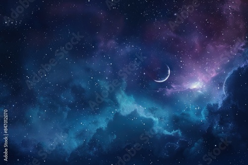 Captivating night sky with a waxing crescent moon amidst a nebula