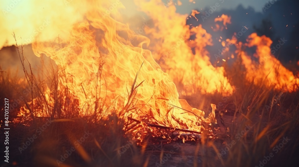 A fire burning in an open field with no signs of human presence or nearby structures A fire burning in an open field with no signs of human presence or nearby structures