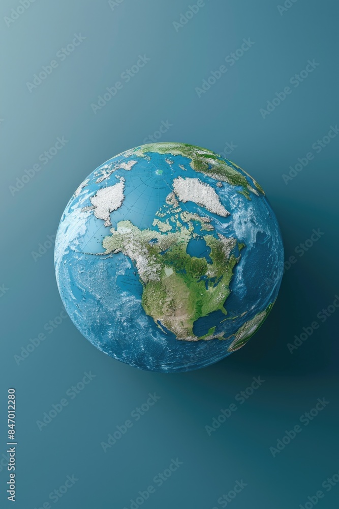 A close-up of a blue and green globe against a bright blue background, suitable for use in educational or scientific contexts A close-up of a blue and green globe against a bright blue background, suitable for use in educational or scientific contexts