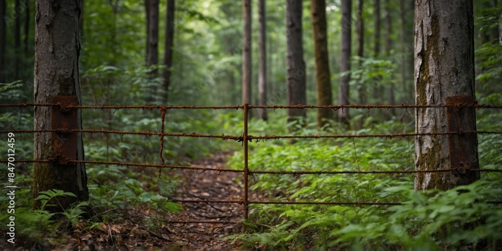 A rustic and corroded metal gate stands guard on a trail in a lush, green forest, symbolizing a boundary or an entrance A rustic and corroded metal gate stands guard on a trail in a lush, green forest, symbolizing a boundary or an entrance