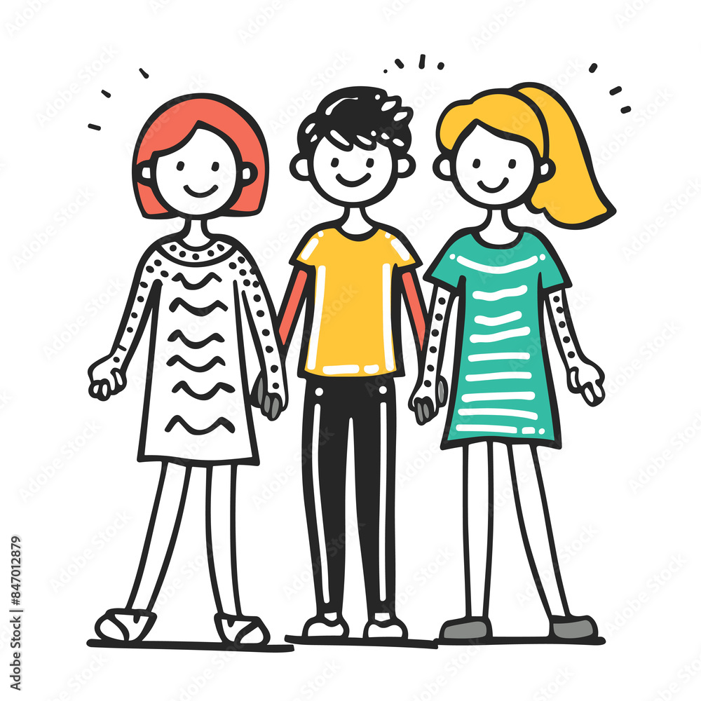 Three cartoon children standing together, smiling, happy, friendship, boys girls, colorful clothing, simple drawing style. Young friends group, diverse, joyful, stick figure illustration casual Three cartoon children standing together, smiling, happy, friendship, boys girls, colorful clothing, simple drawing style. Young friends group, diverse, joyful, stick figure illustration casual