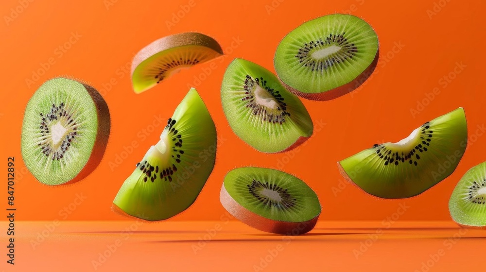 Fototapeta premium Sliced kiwi fruit pieces floating on a vibrant orange background, capturing the freshness and vibrancy of the fruit.