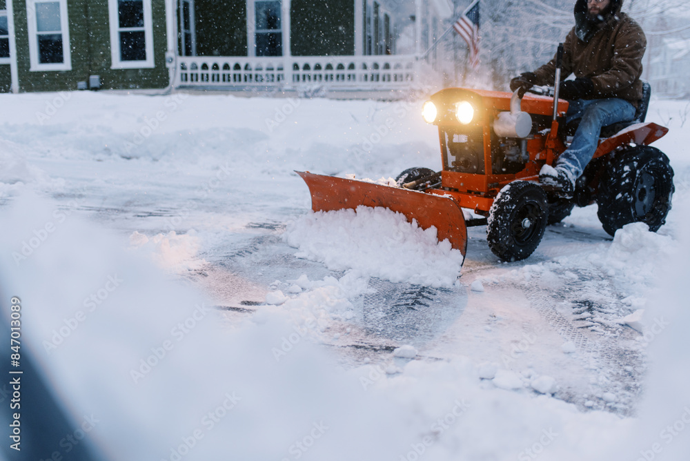 man using old tractor to snow plow his driveway at dusk man using old tractor to snow plow his driveway at dusk