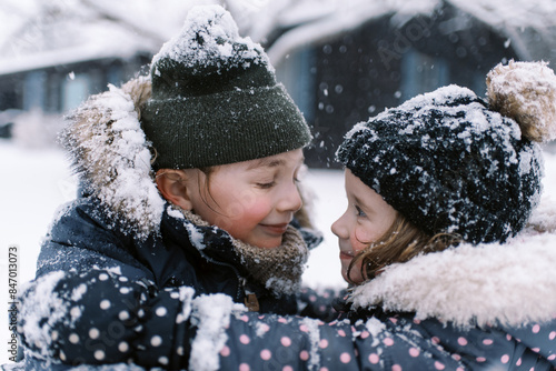 brother and sister playing outdoors during snowstorm in massachusetts photo