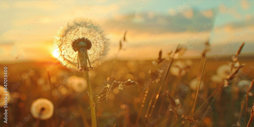 A single dandelion stands tall in a field as the sun sets behind it