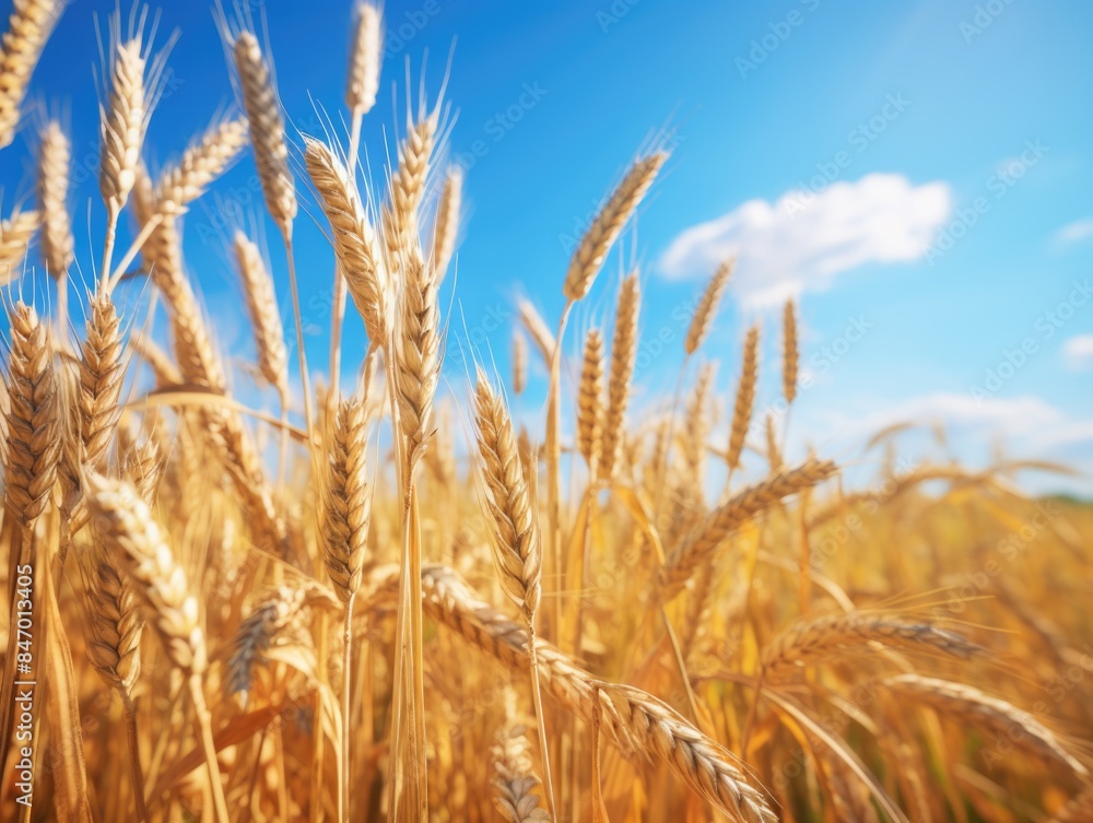 Agricultural landscape with wheat and clear blue sky, suitable for use in rural-themed or nature-inspired designs Agricultural landscape with wheat and clear blue sky, suitable for use in rural-themed or nature-inspired designs