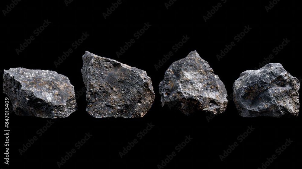 Four large rocks are shown in a row on a black background Four large rocks are shown in a row on a black background