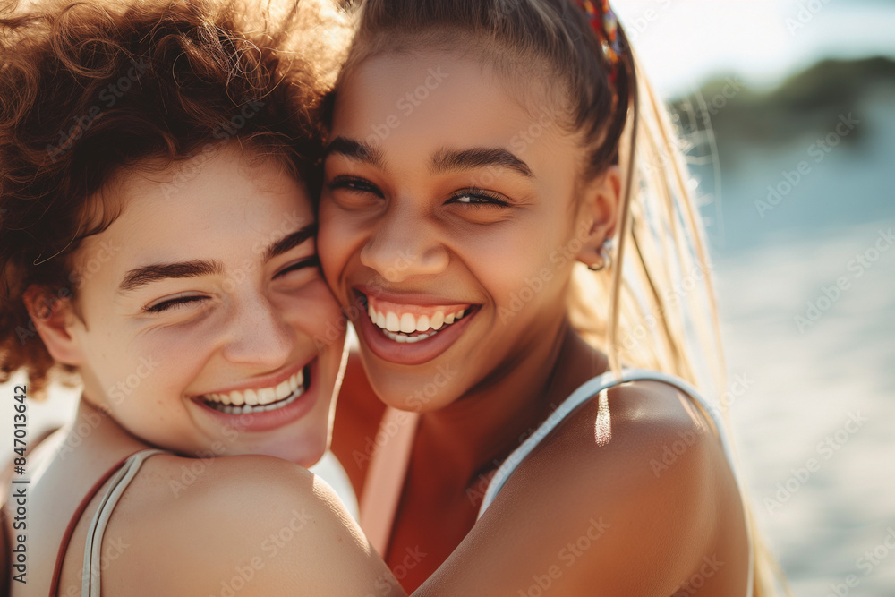 A couple of friends have a great time in summer, hugging and smiling. Perfect anatomy. High quality and details A couple of friends have a great time in summer, hugging and smiling. Perfect anatomy. High quality and details